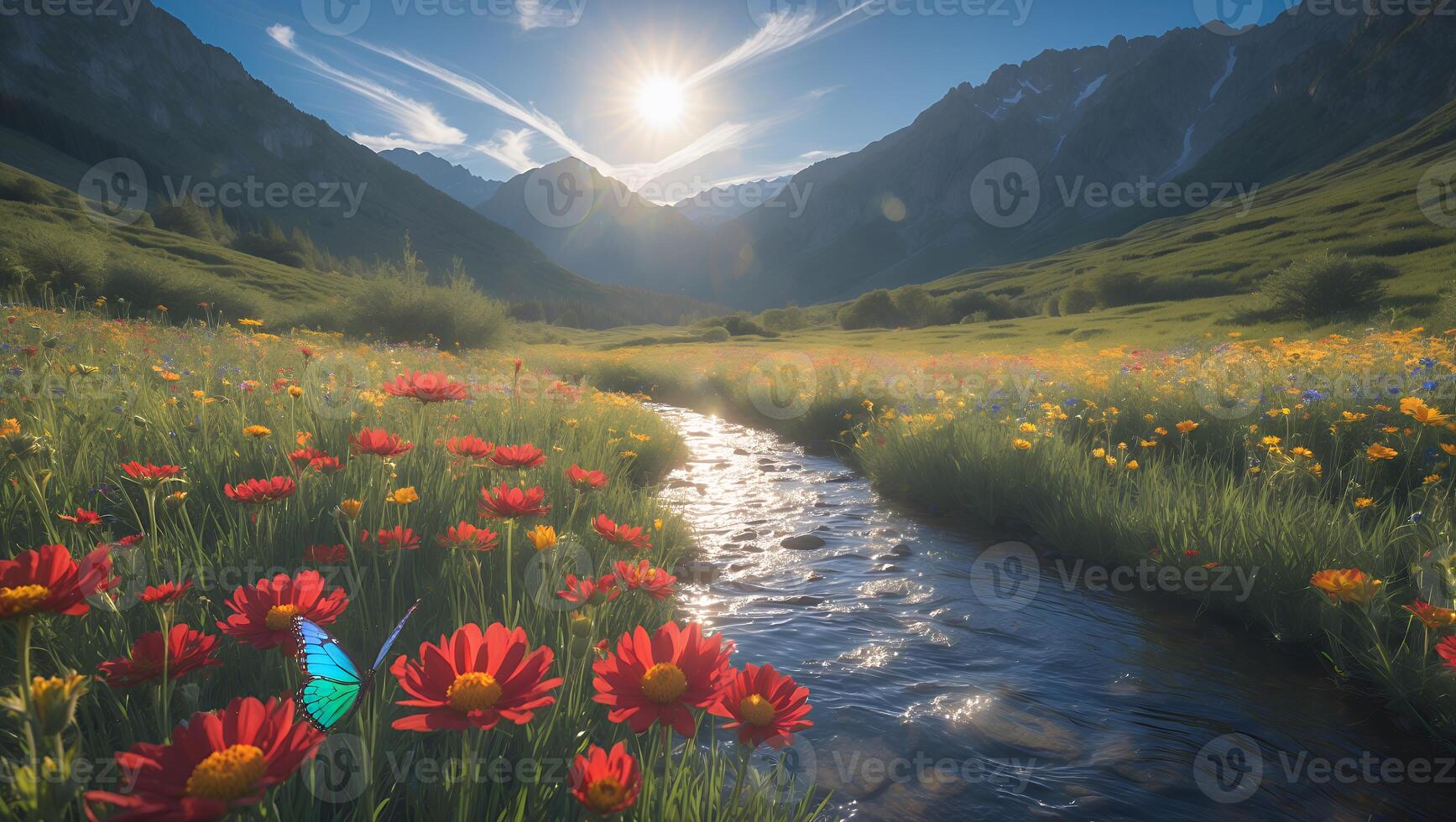 Serene mountain landscape with vibrant flowers and a flowing stream under a bright sun photo