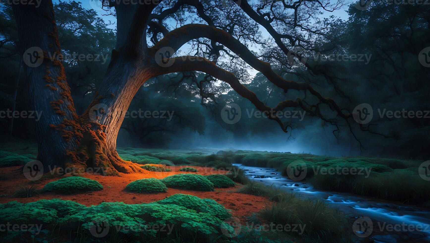 Majestic tree illuminated by soft light near a serene stream surrounded by lush green foliage at dawn photo