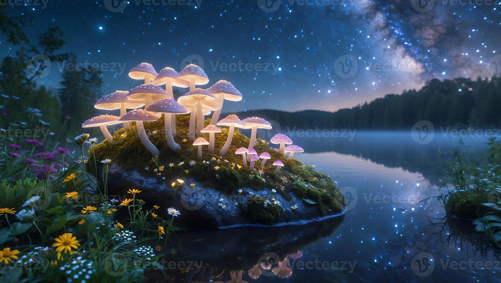 Enchanted glowing mushrooms by a serene lake under a starry sky, surrounded by vibrant flowers and trees photo