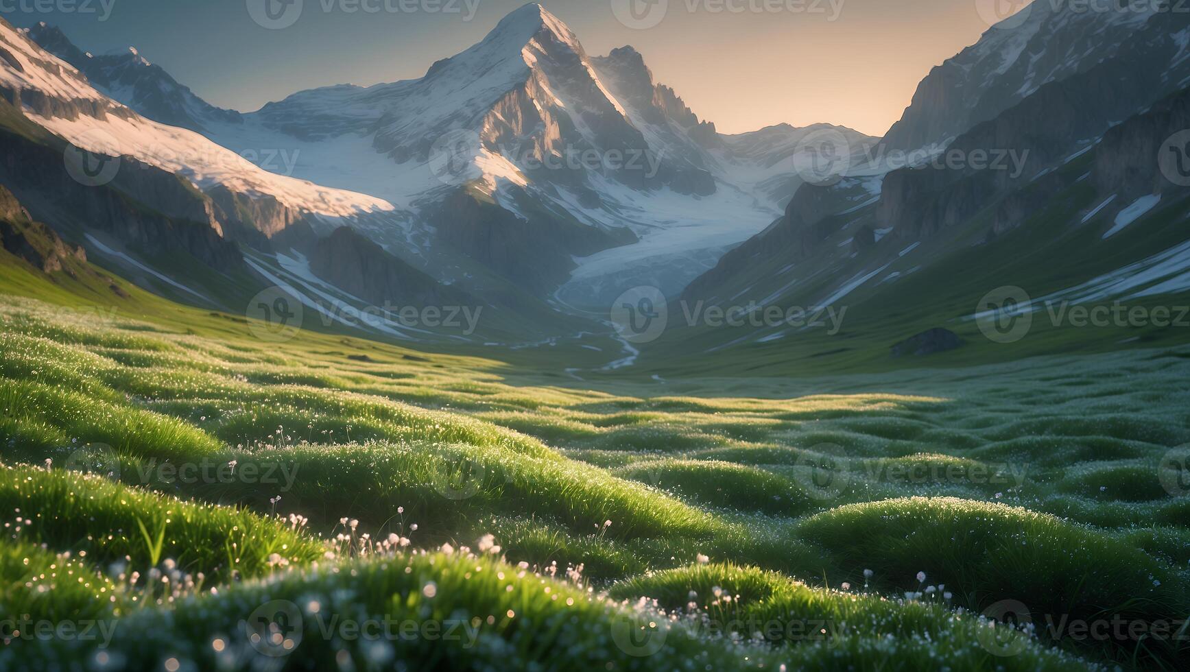 Majestic mountain landscape with lush green grass and delicate flowers illuminated by sunrise photo