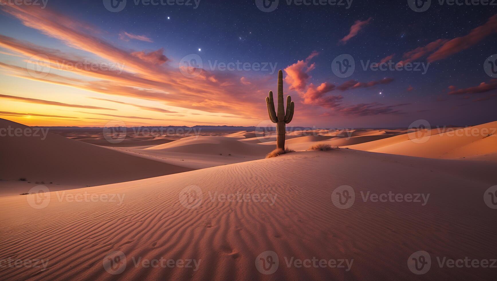 Majestic sunset over vast desert dunes with a solitary cactus silhouetted against the colorful sky photo