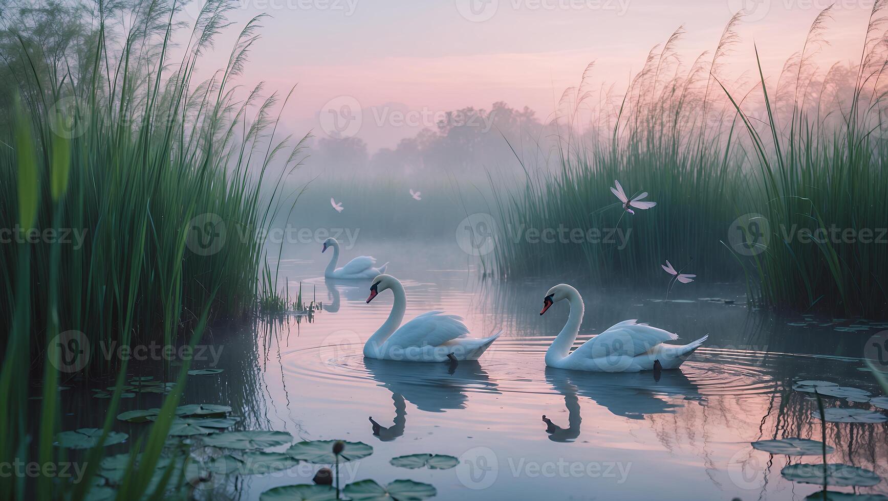 Serene swans gliding through a misty lake surrounded by lush greenery at dawn, evoking tranquility photo