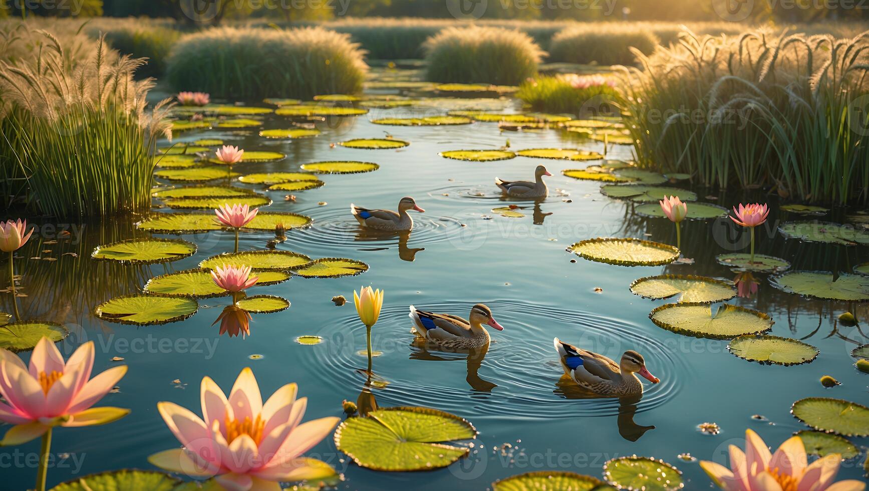 Serene pond scene with ducks swimming among blooming water lilies at sunset in a tranquil environment photo