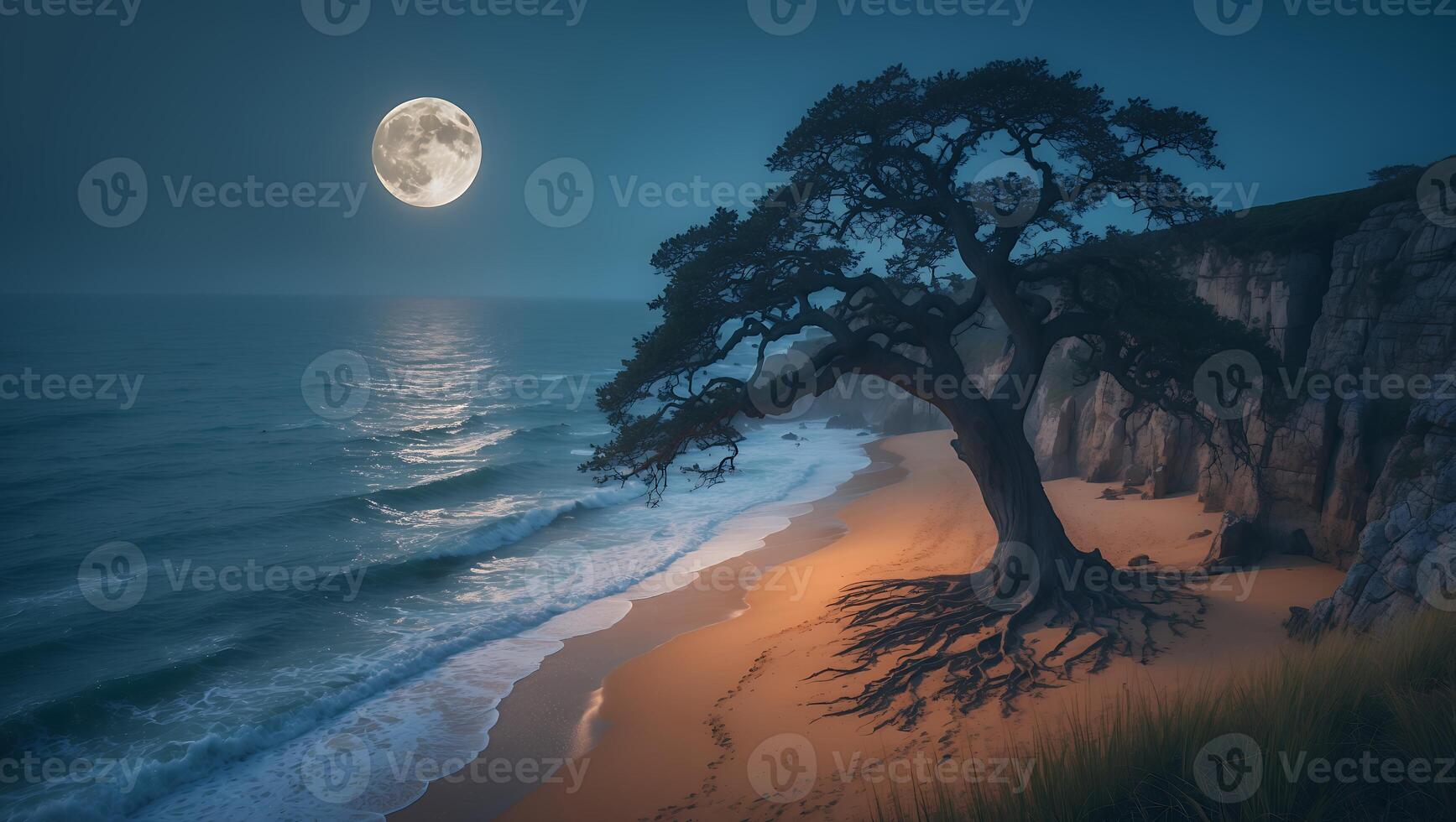 Serene beach at night with a majestic tree under a full moon, waves gently lapping at the shore photo