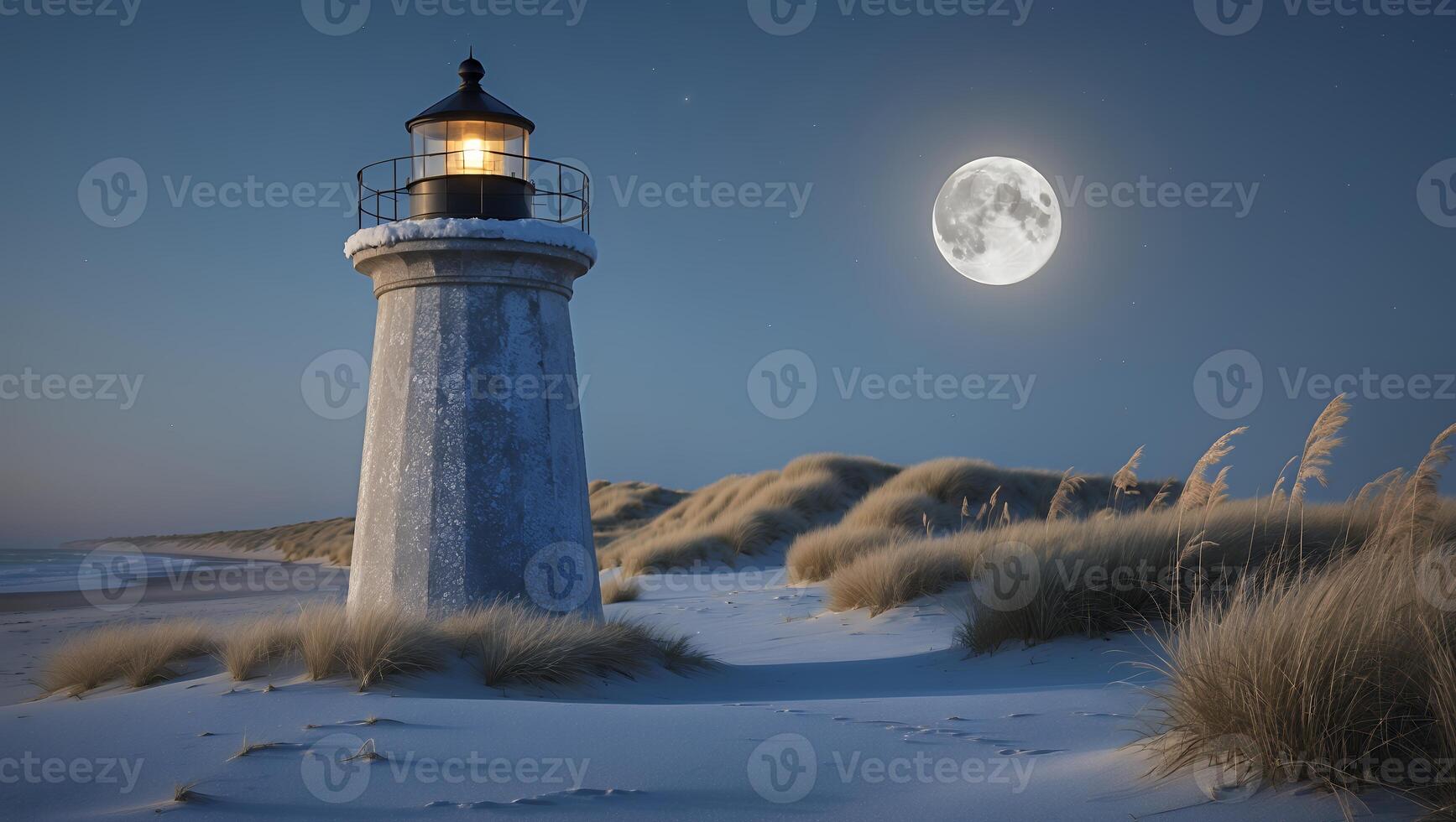 Serene lighthouse stands on a sandy beach under a full moon, illuminating the night sky photo