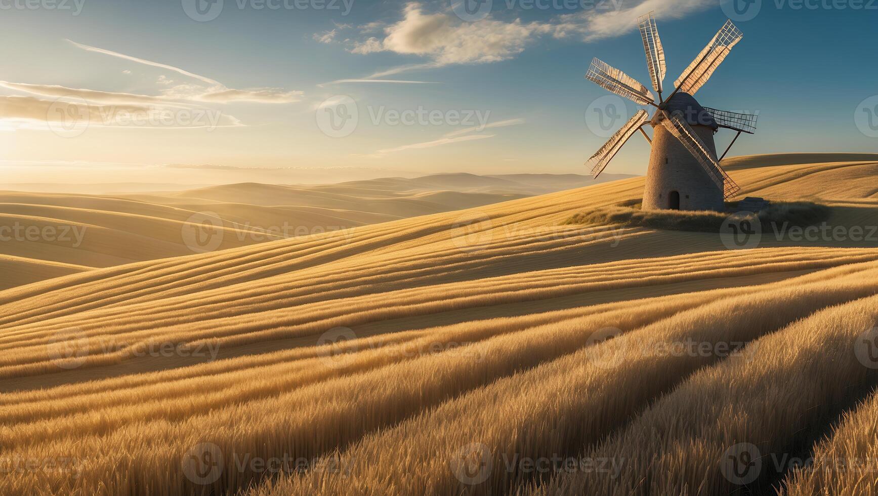 Serene sunset over golden wheat fields with a classic windmill, showcasing rural tranquility and nature photo