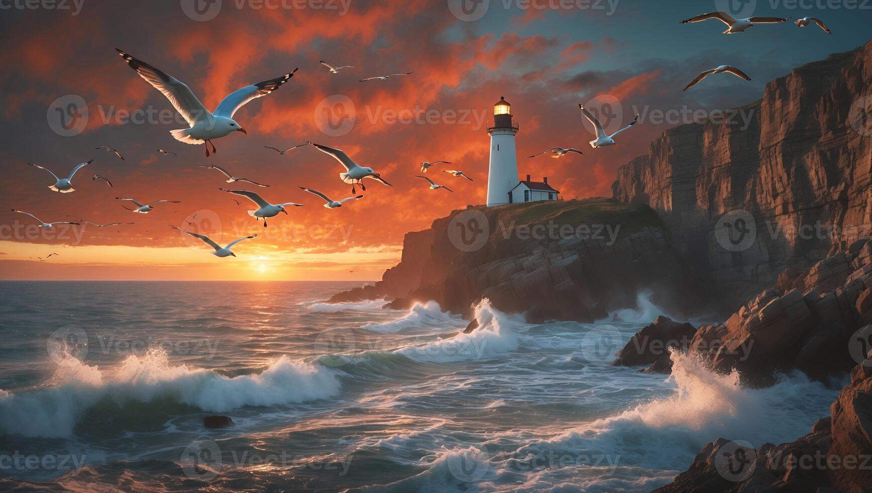 Majestic lighthouse on a rocky cliff at sunset with seagulls soaring over turbulent waves photo