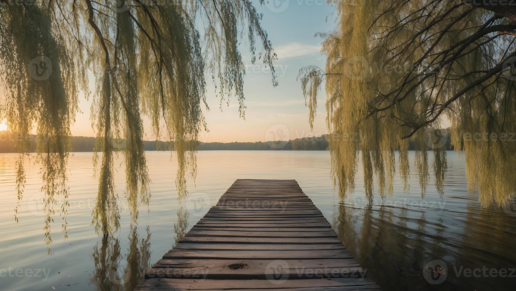 Serene lakeside view at sunset with a wooden dock surrounded by willow trees and calm water photo