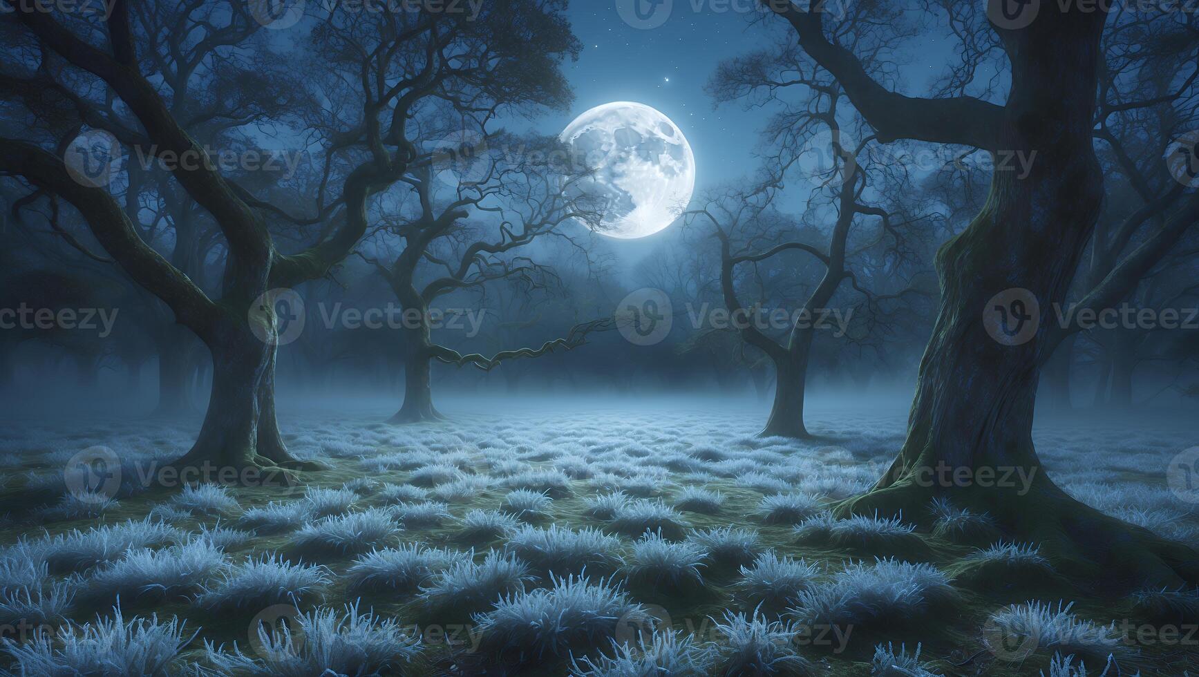 Enchanted moonlit forest with mist and frost-covered grass, creating a serene, mystical atmosphere photo
