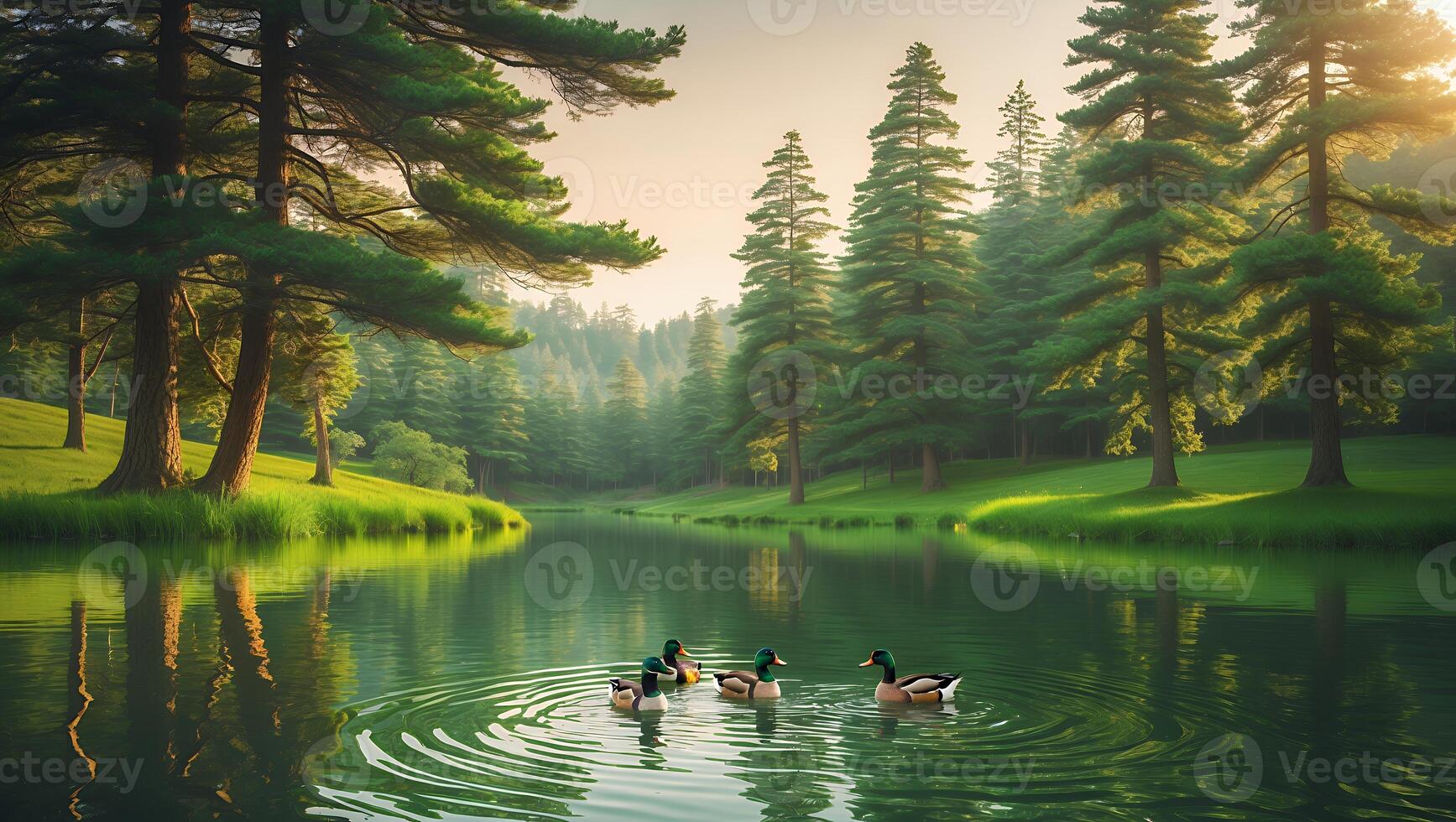 Serene lake with ducks swimming amidst lush green trees and mountains in the background at sunrise photo