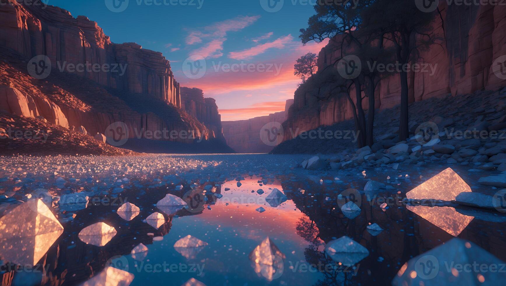 Serene sunset over a tranquil river reflecting crystal-like formations and rugged cliffs photo