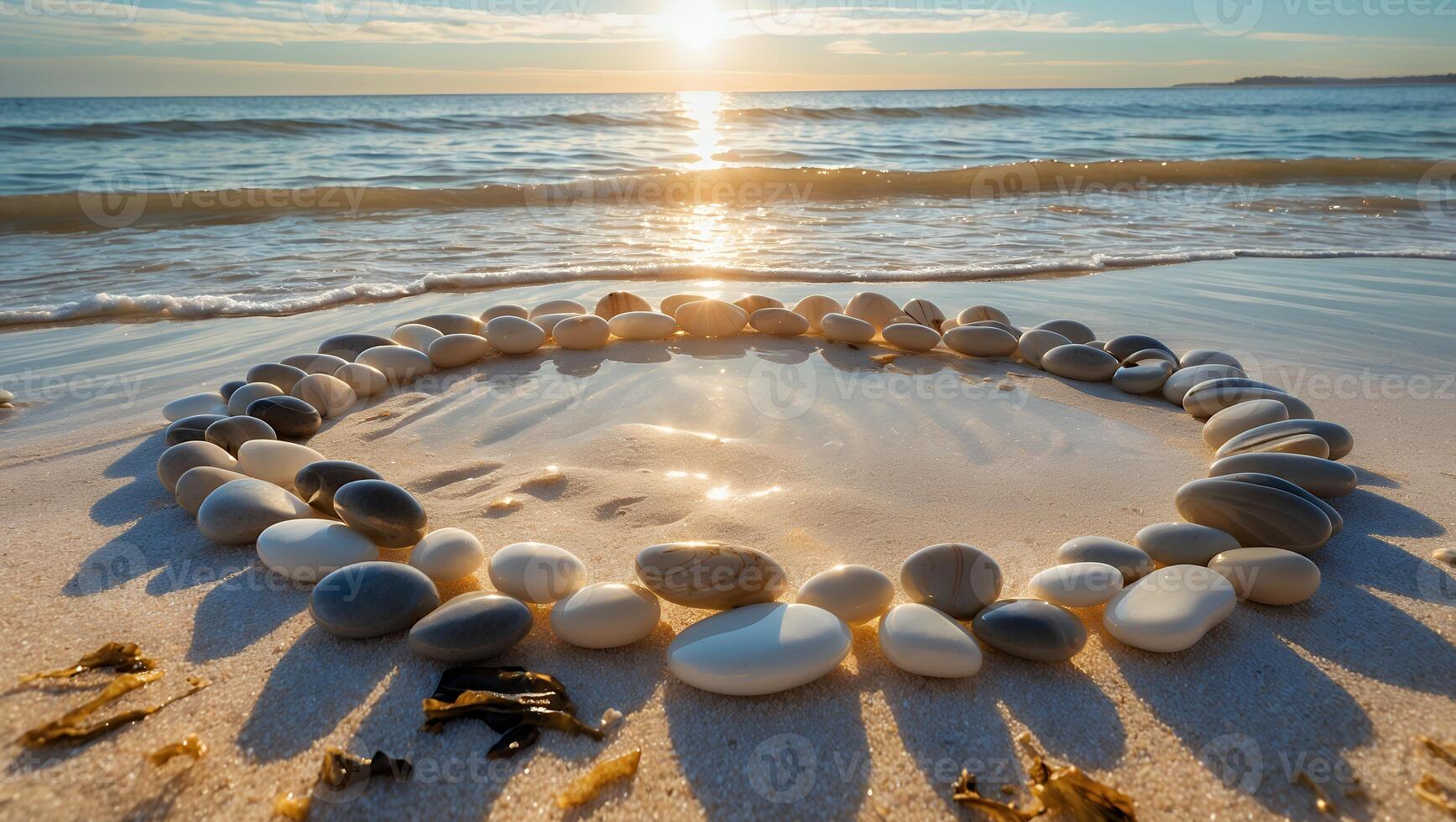 Serene Beach Scene with Circular Stone Arrangement at Sunset, Capturing Tranquility and Nature's Beauty photo