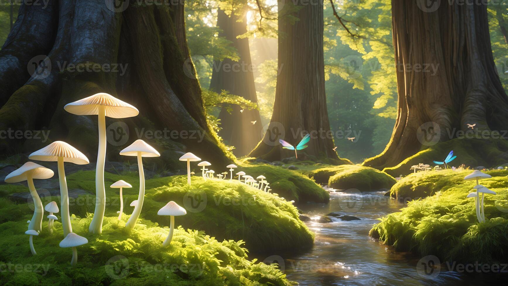 Enchanted forest scene with glowing mushrooms beside a serene stream, illuminated by soft sunlight photo