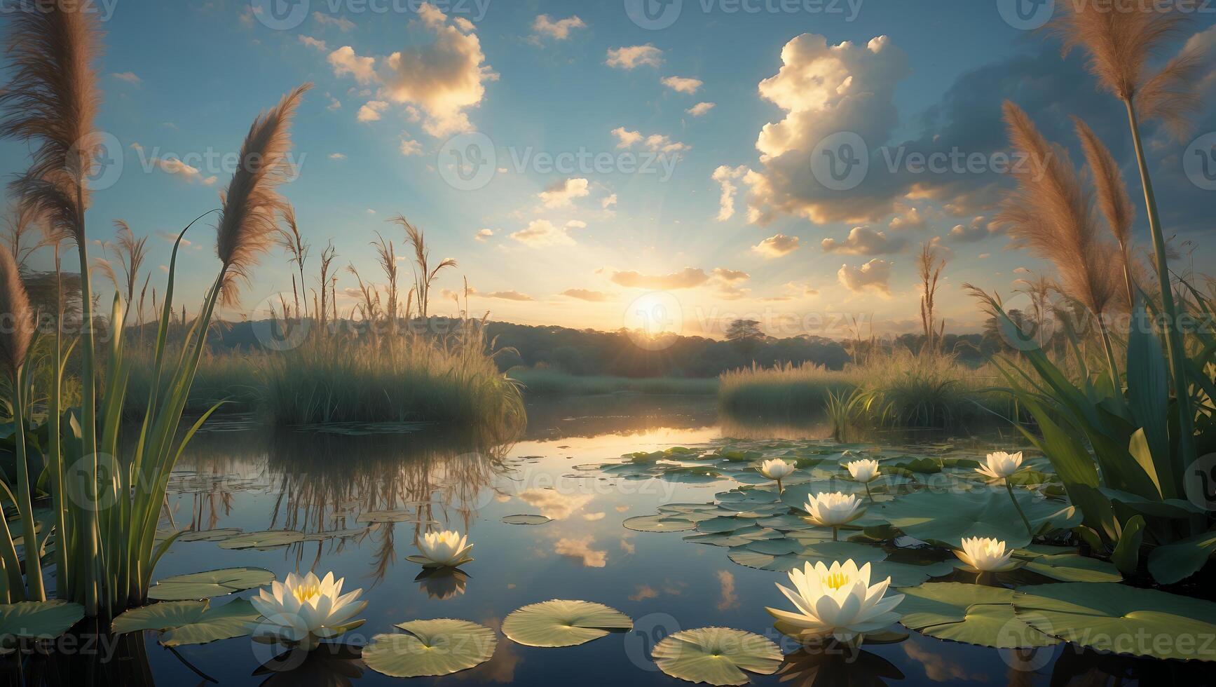 Serene sunset over a tranquil pond adorned with water lilies and tall grasses, reflecting nature's beauty photo