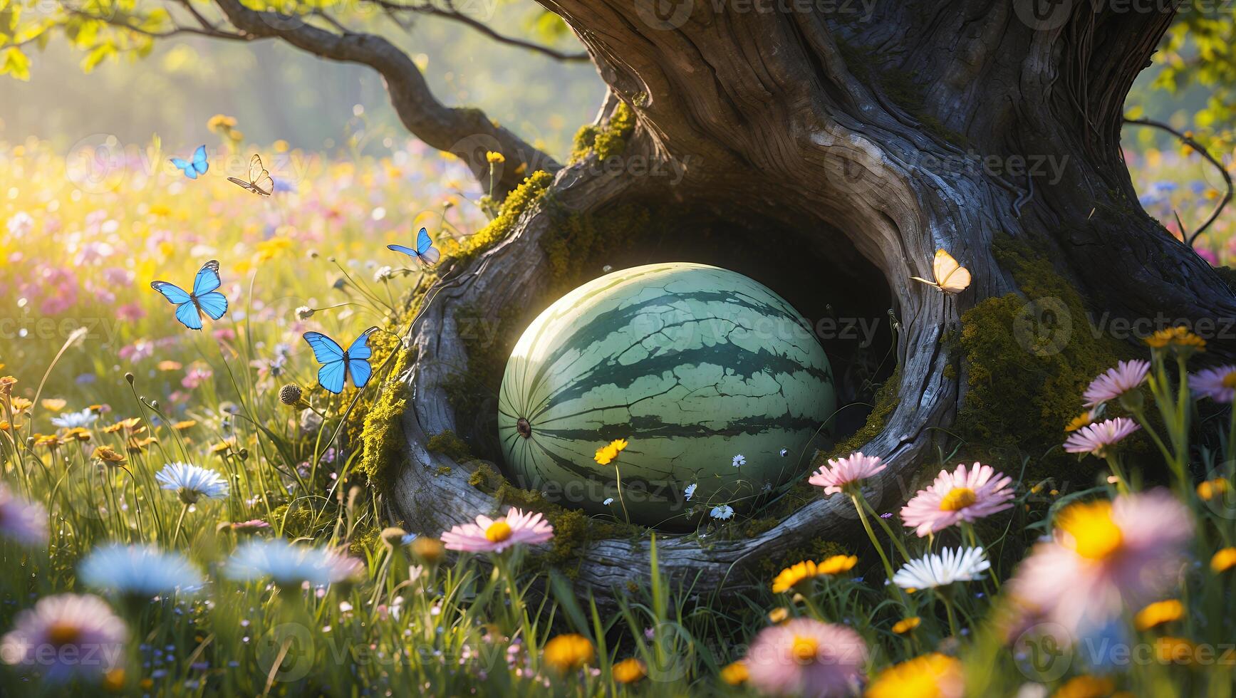 Watermelon nestled in a tree hollow surrounded by blooming flowers and butterflies in a serene meadow photo