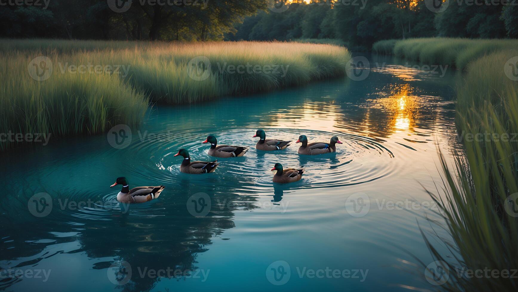 A serene scene of ducks swimming in a tranquil river surrounded by lush greenery at sunset photo