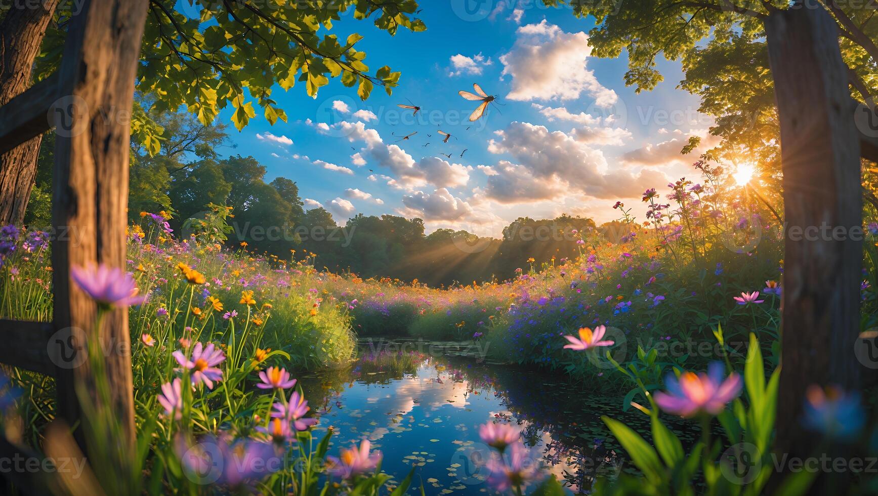 Serene sunset over a vibrant flower field with a tranquil pond reflecting the sky and clouds photo
