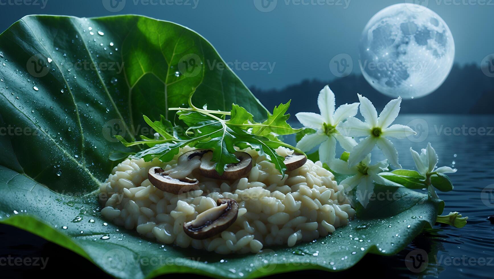 A serene night scene featuring a plate of risotto garnished with mushrooms and herbs on a leaf, with a full moon illuminating the tranquil water in the background photo