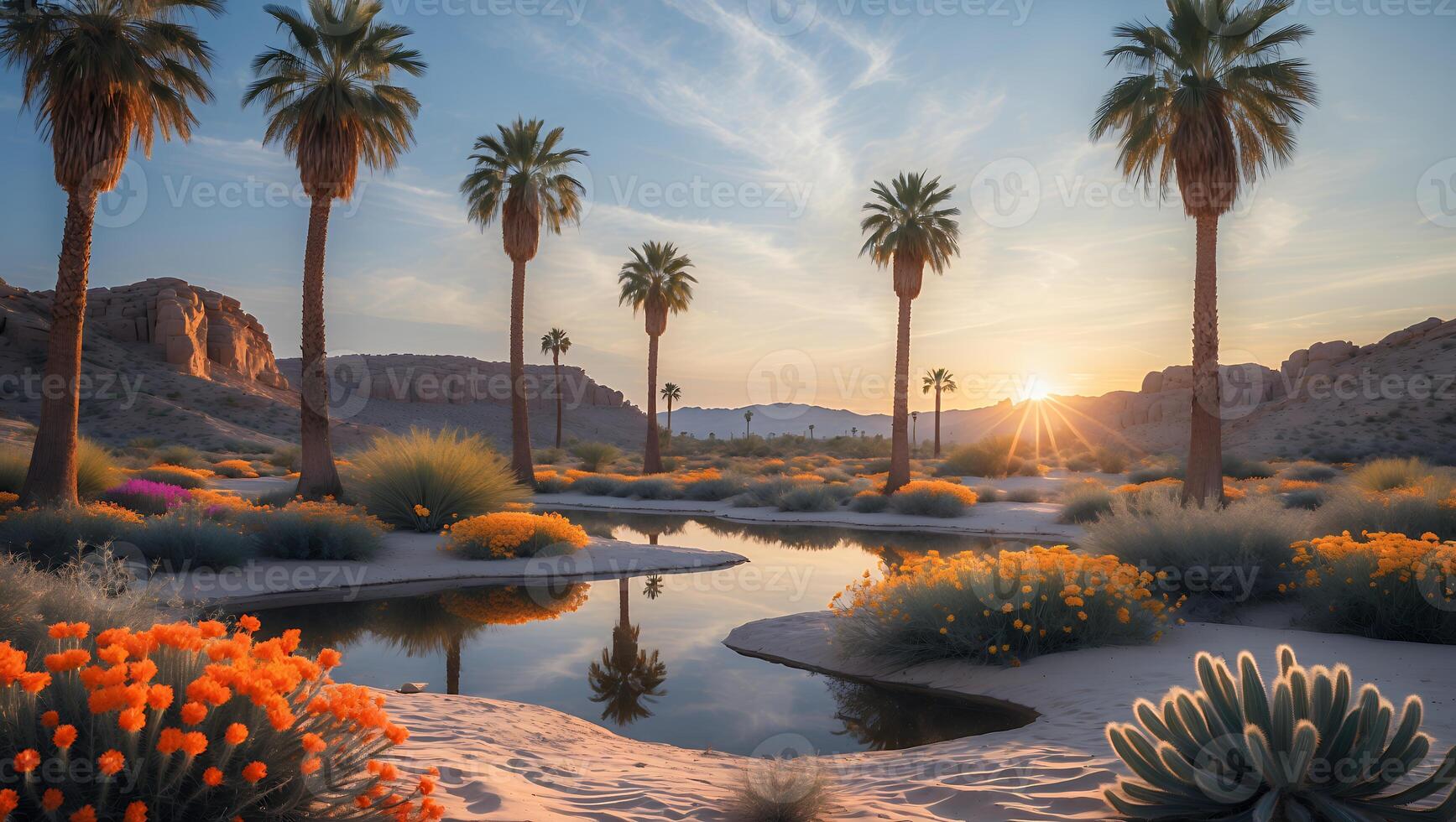 Serene desert landscape at sunset with palm trees and vibrant flowers reflecting in a tranquil pond photo