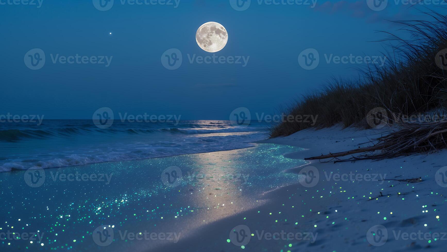 Serene beach at night illuminated by a full moon, with glowing bioluminescent waves and gentle surf photo