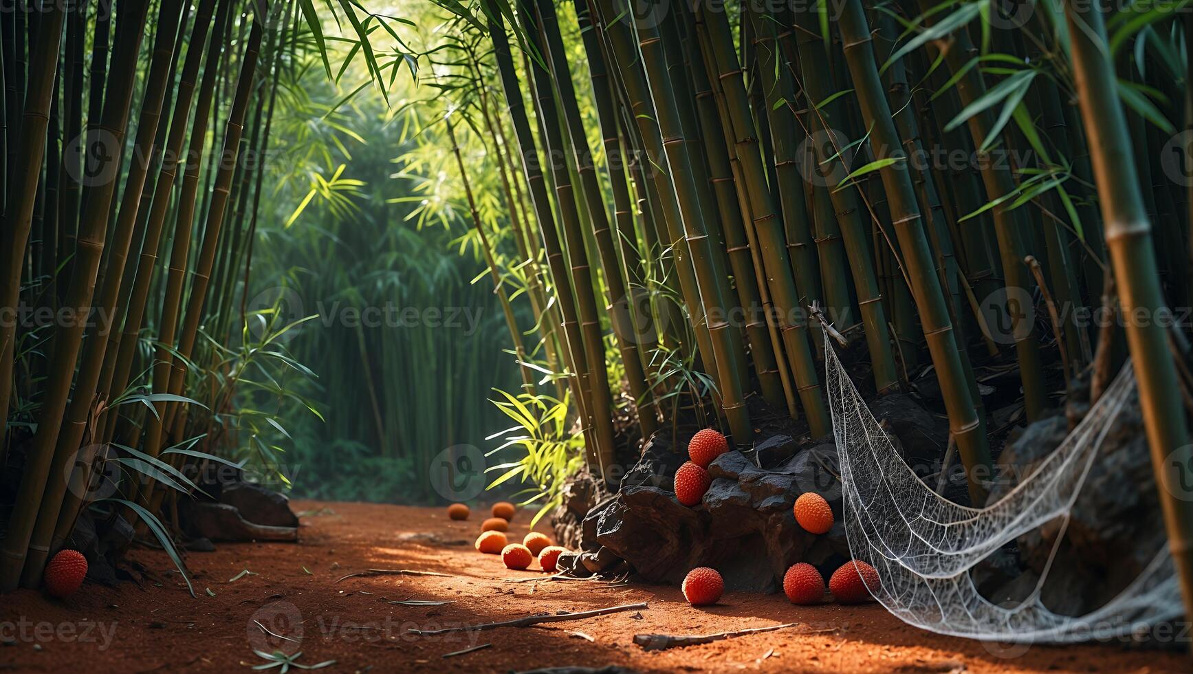 Serene bamboo forest path with scattered oranges and a spider web, inviting tranquility and exploration photo