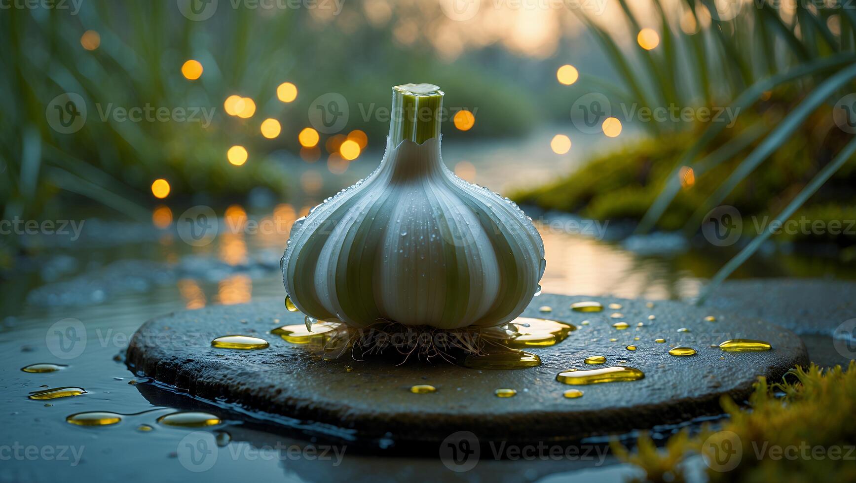 Fresh garlic bulb resting on a stone in a serene outdoor setting, with soft bokeh lights in the background photo