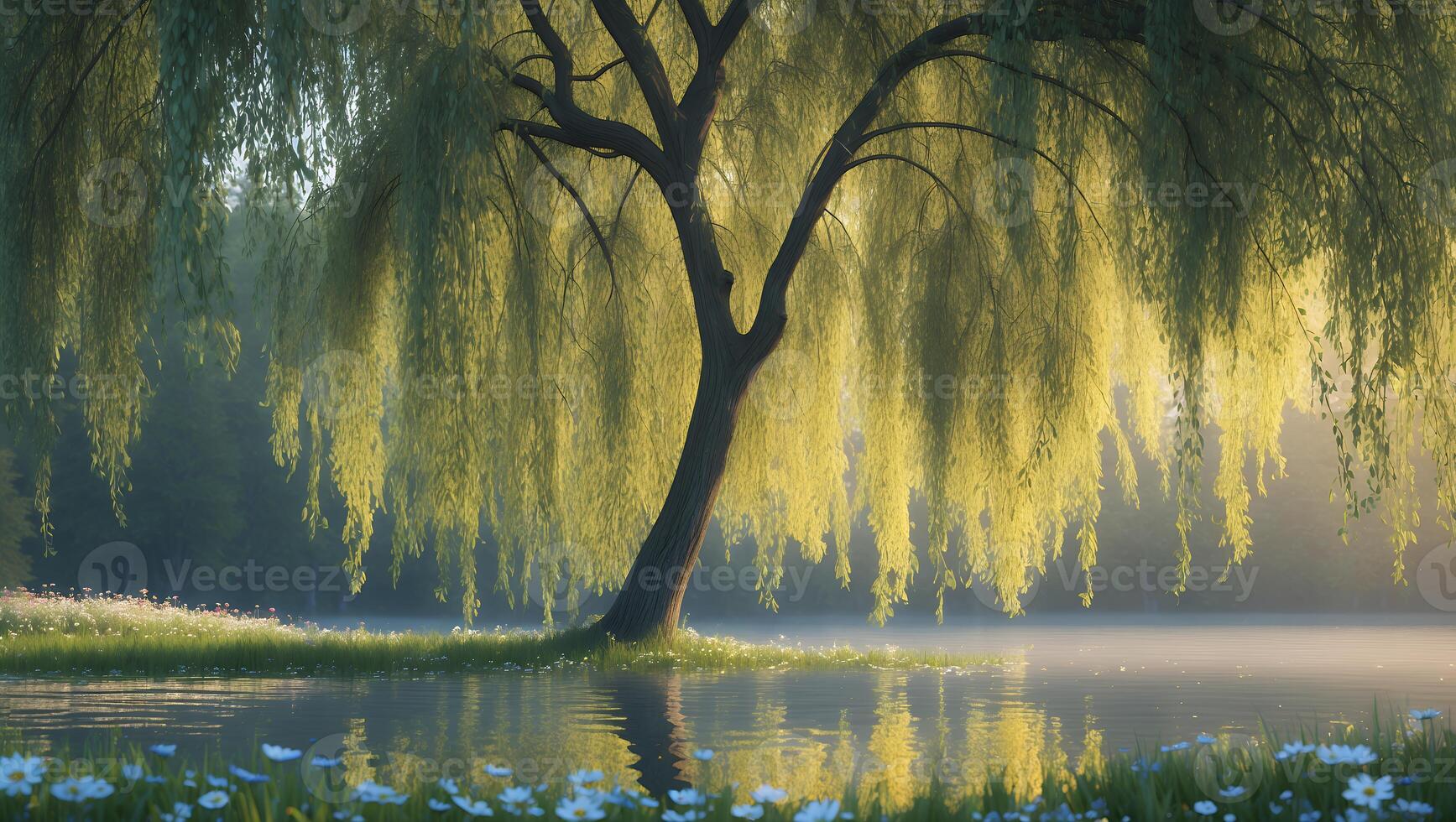 Serene willow tree by a tranquil lake, surrounded by blooming flowers and soft morning light photo