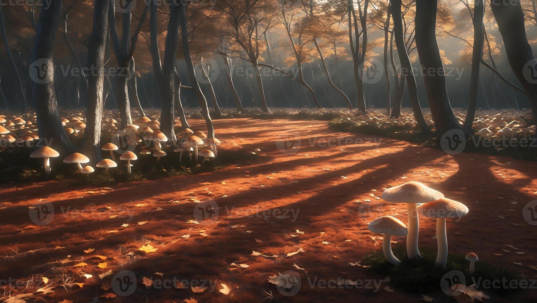 Enchanted forest path with vibrant autumn foliage and mushrooms under soft sunlight photo