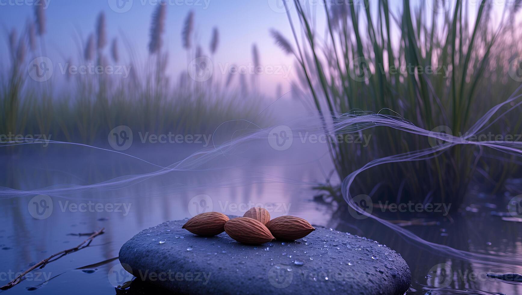 Tranquil scene of almonds resting on a wet stone by a misty waterway, surrounded by tall grass photo