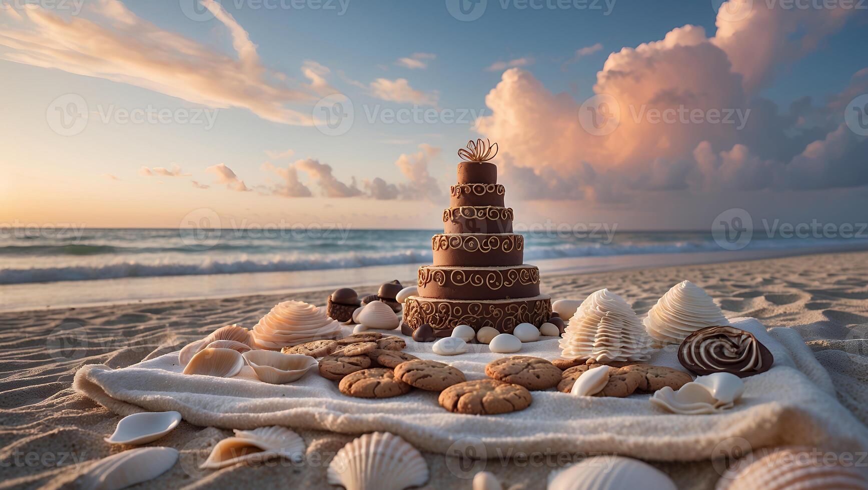 Elegant chocolate cake adorned with seashells on a beach during sunset, creating a serene atmosphere photo