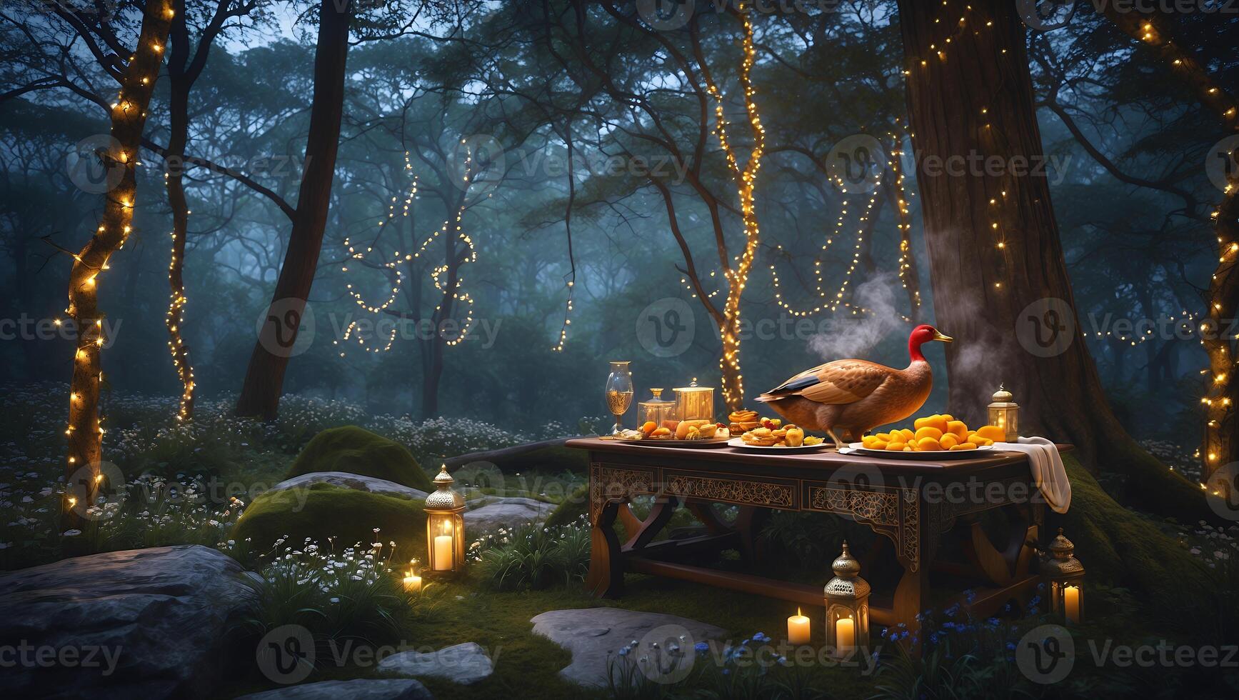 A serene forest setting at dusk with a beautifully arranged table of food, a duck, and glowing lights photo