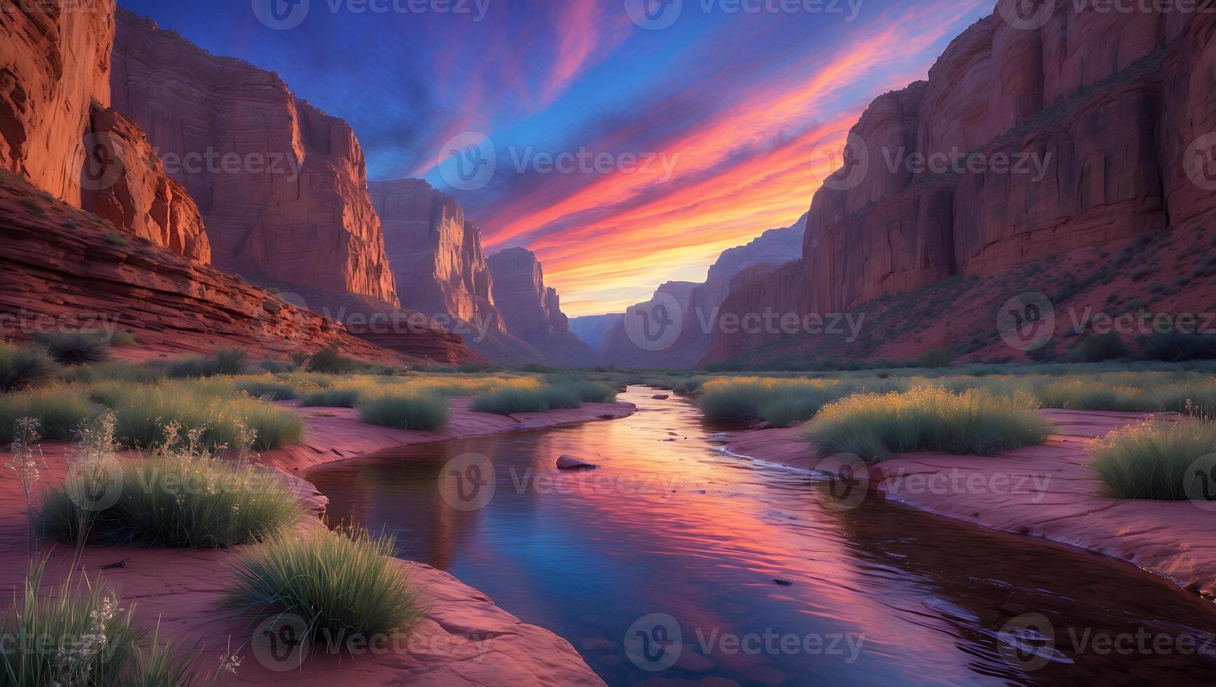 Serene Sunset Over a Mountain Canyon with Flowing River and Lush Greenery in the Foreground photo