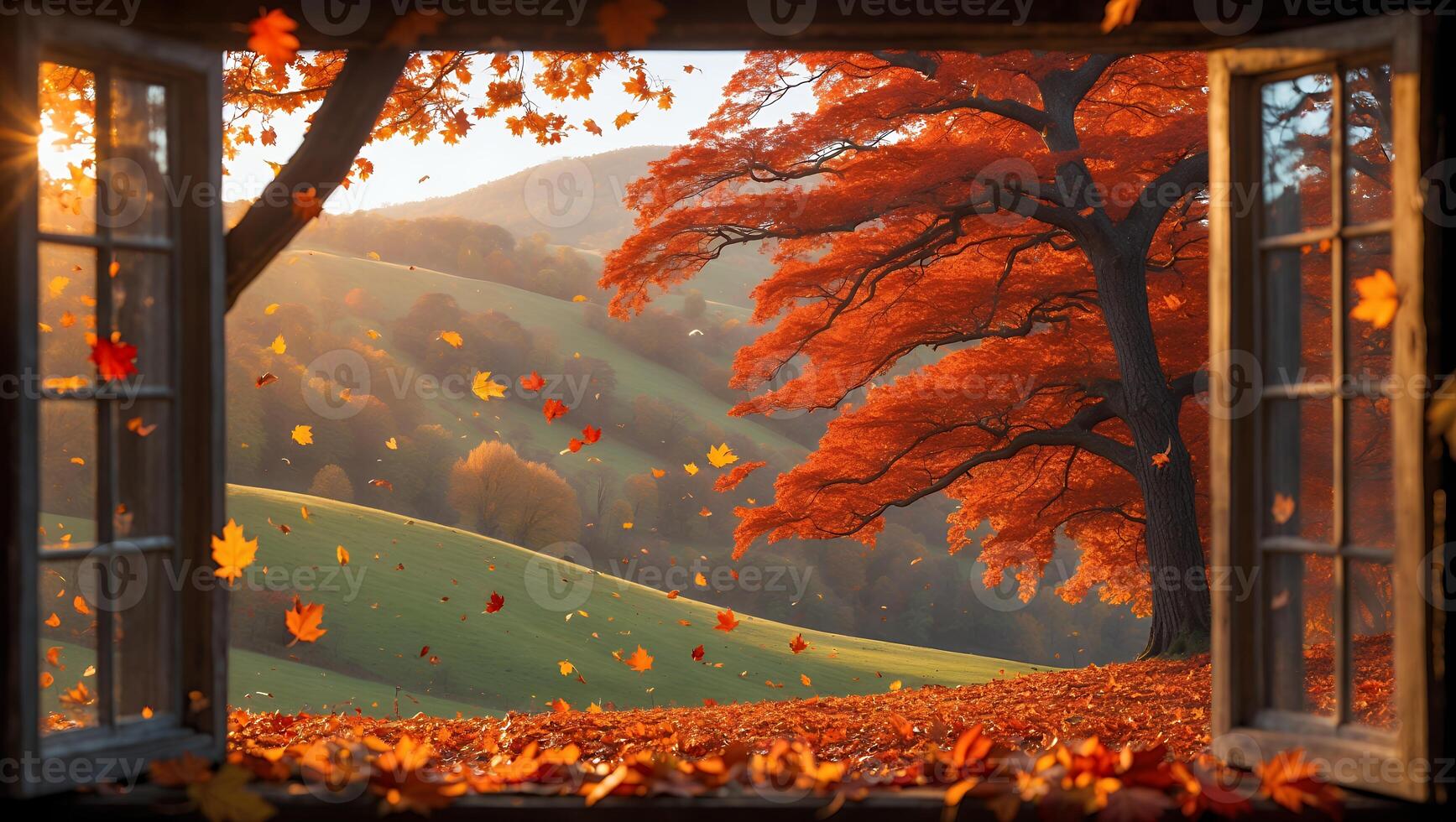Autumn view through an open window showcasing vibrant orange trees and falling leaves in a serene landscape photo
