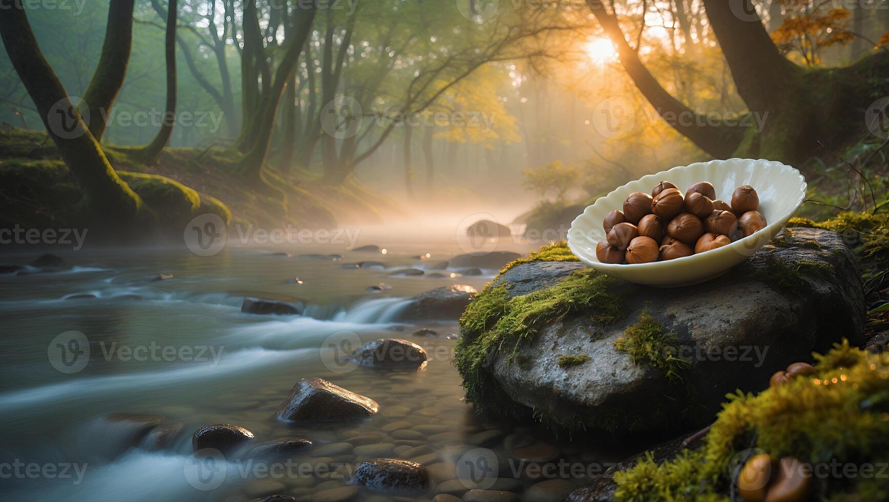 Tranquil stream at dawn with a bowl of nuts on a mossy rock, surrounded by misty forest scenery photo