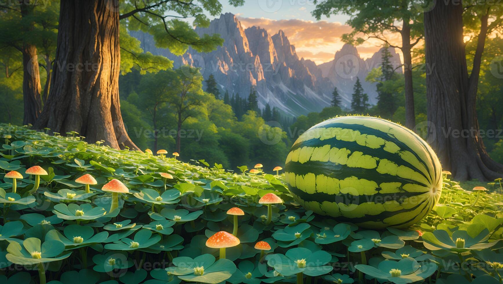 Lush forest scene featuring a ripe watermelon resting among vibrant mushrooms and clover, with mountains photo