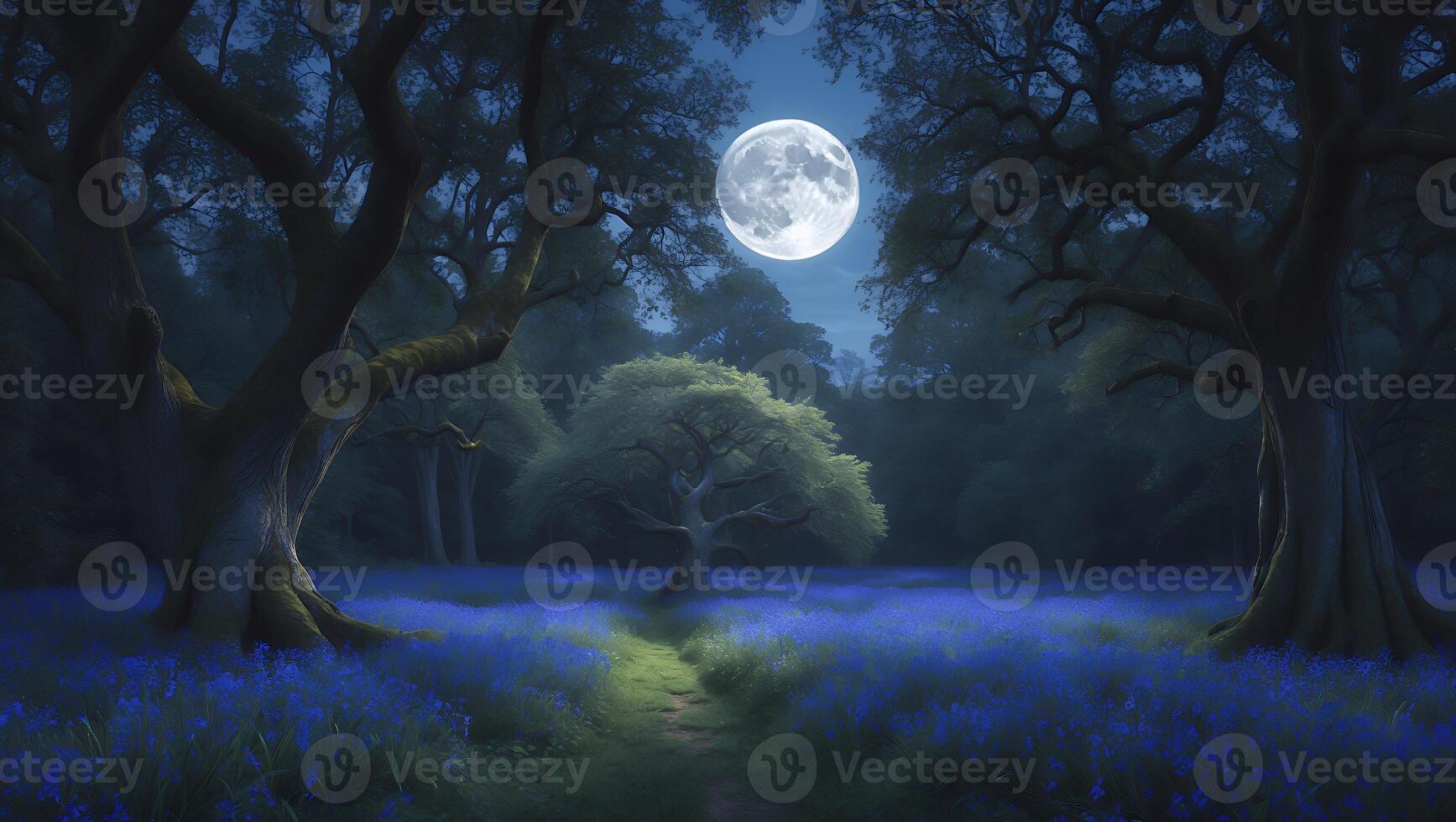 Serene night scene in a bluebell forest illuminated by a full moon, creating a tranquil atmosphere photo