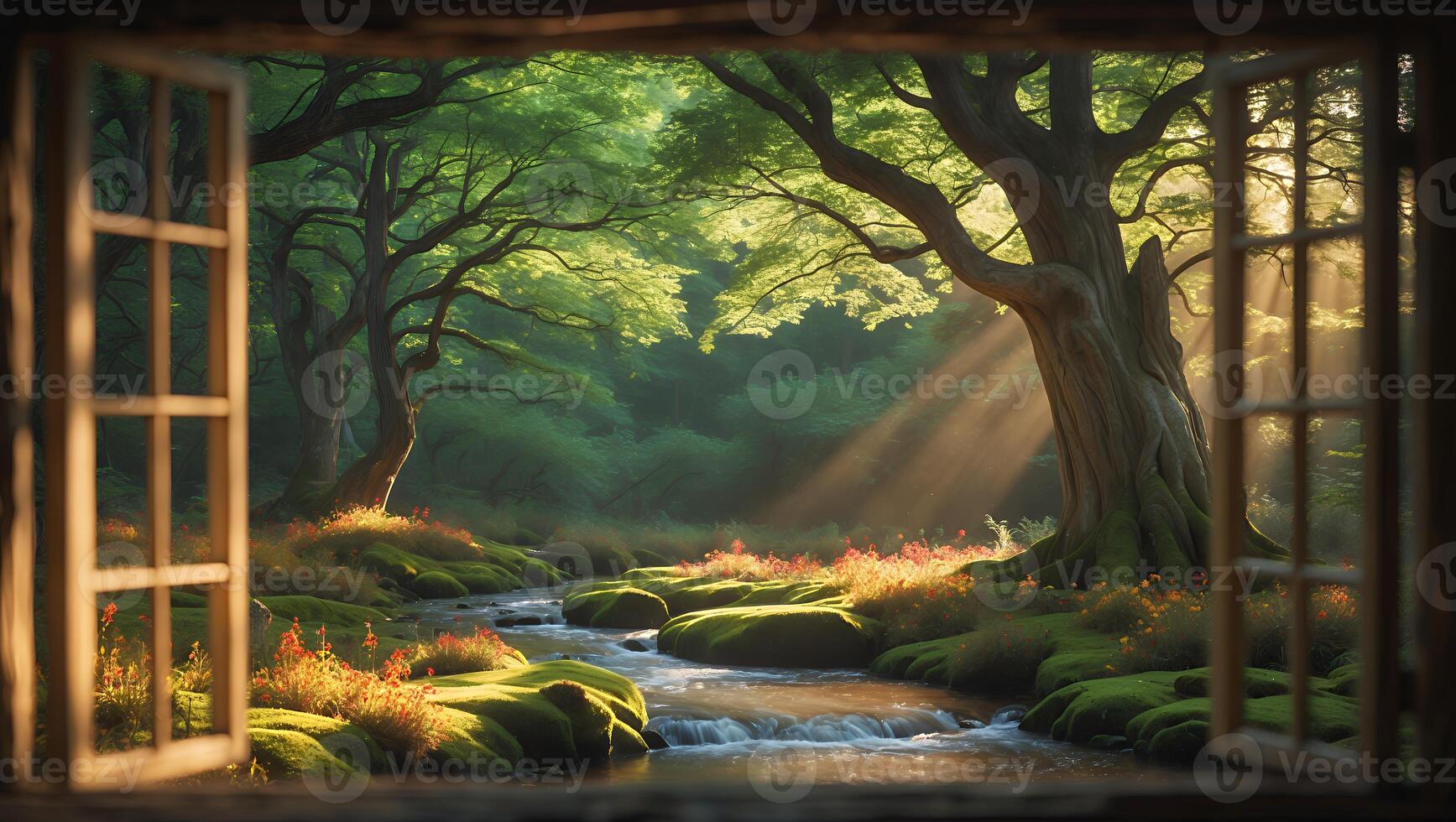 Serene view of a sunlit forest through an open window, showcasing vibrant greenery and a flowing stream photo