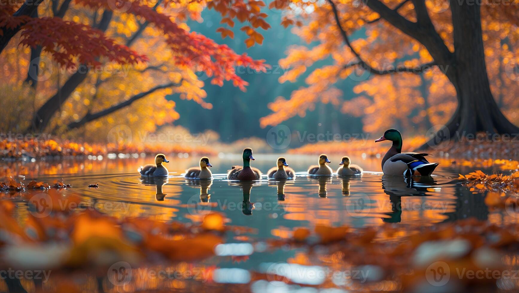 A serene scene of ducks swimming in a tranquil pond surrounded by autumn foliage and reflections photo