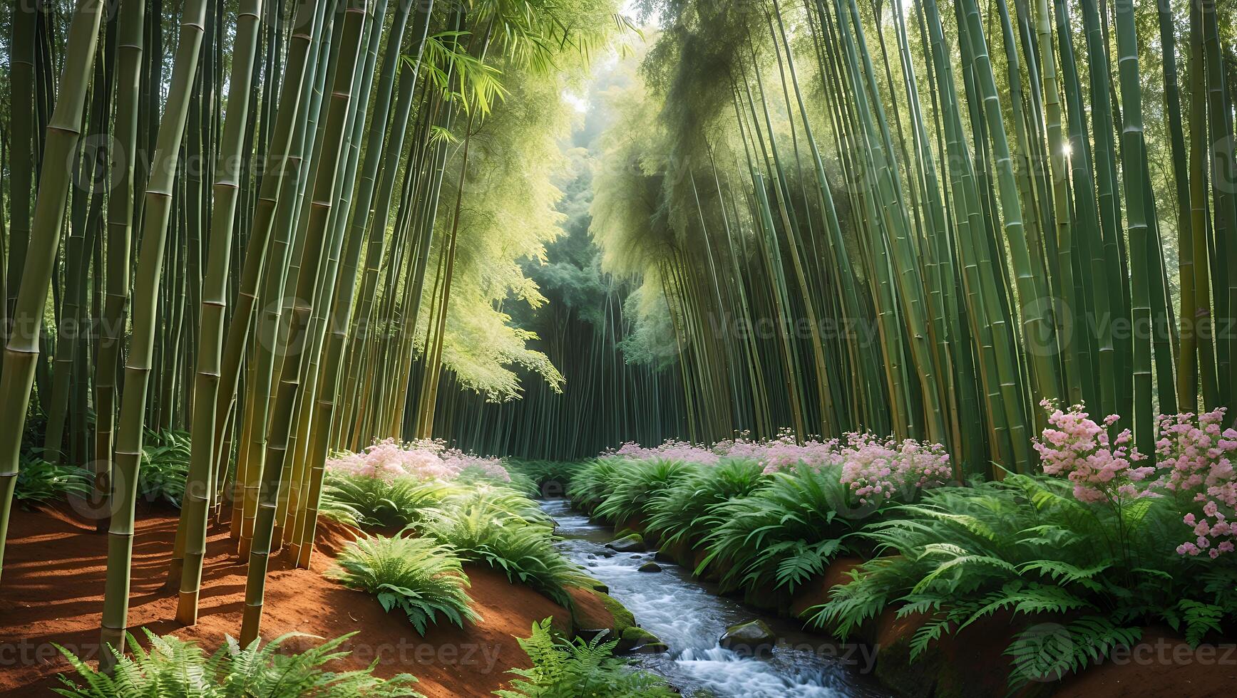 Serene bamboo forest with flowing stream and vibrant flowers, showcasing nature's tranquility photo