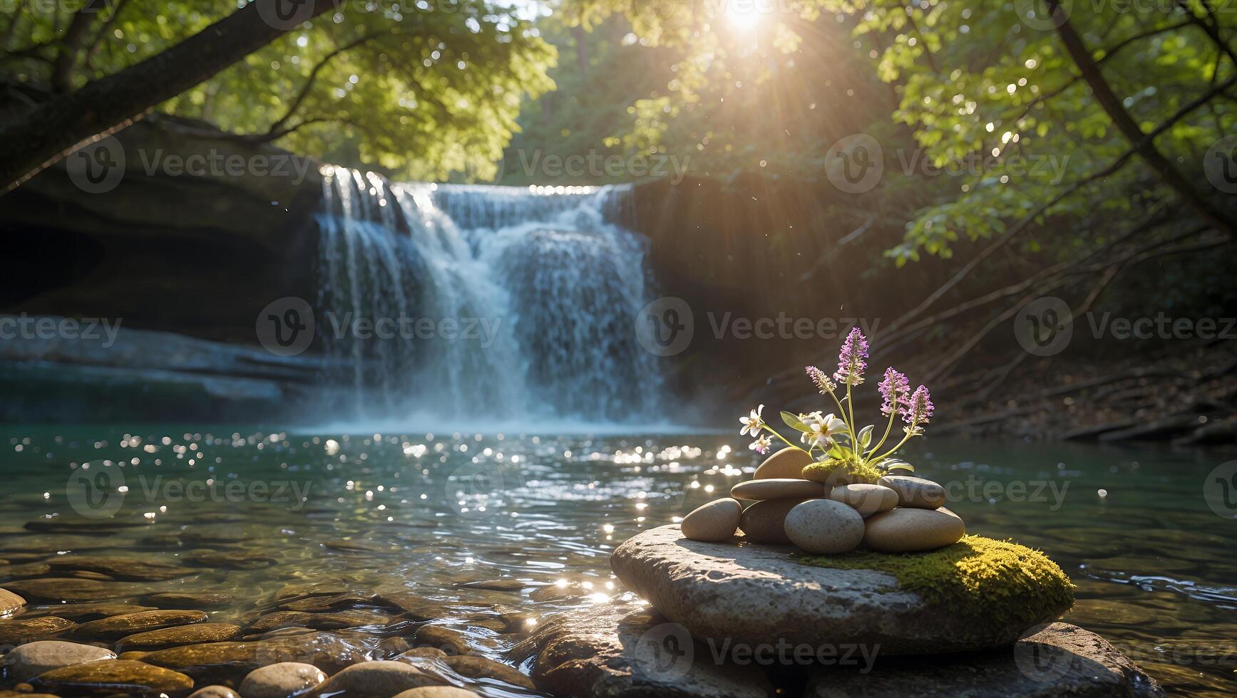 Serene waterfall surrounded by lush greenery with stacked stones and flowers in foreground photo