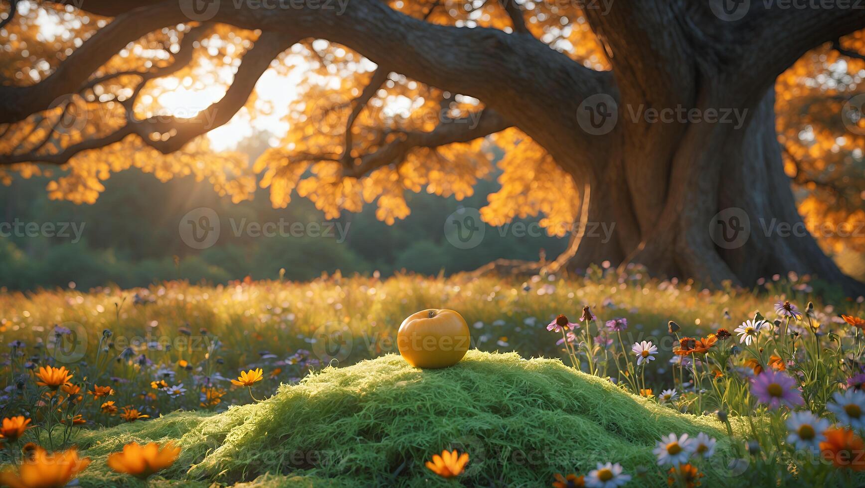 Vibrant orange resting on moss in a sunlit meadow surrounded by colorful wildflowers and trees photo