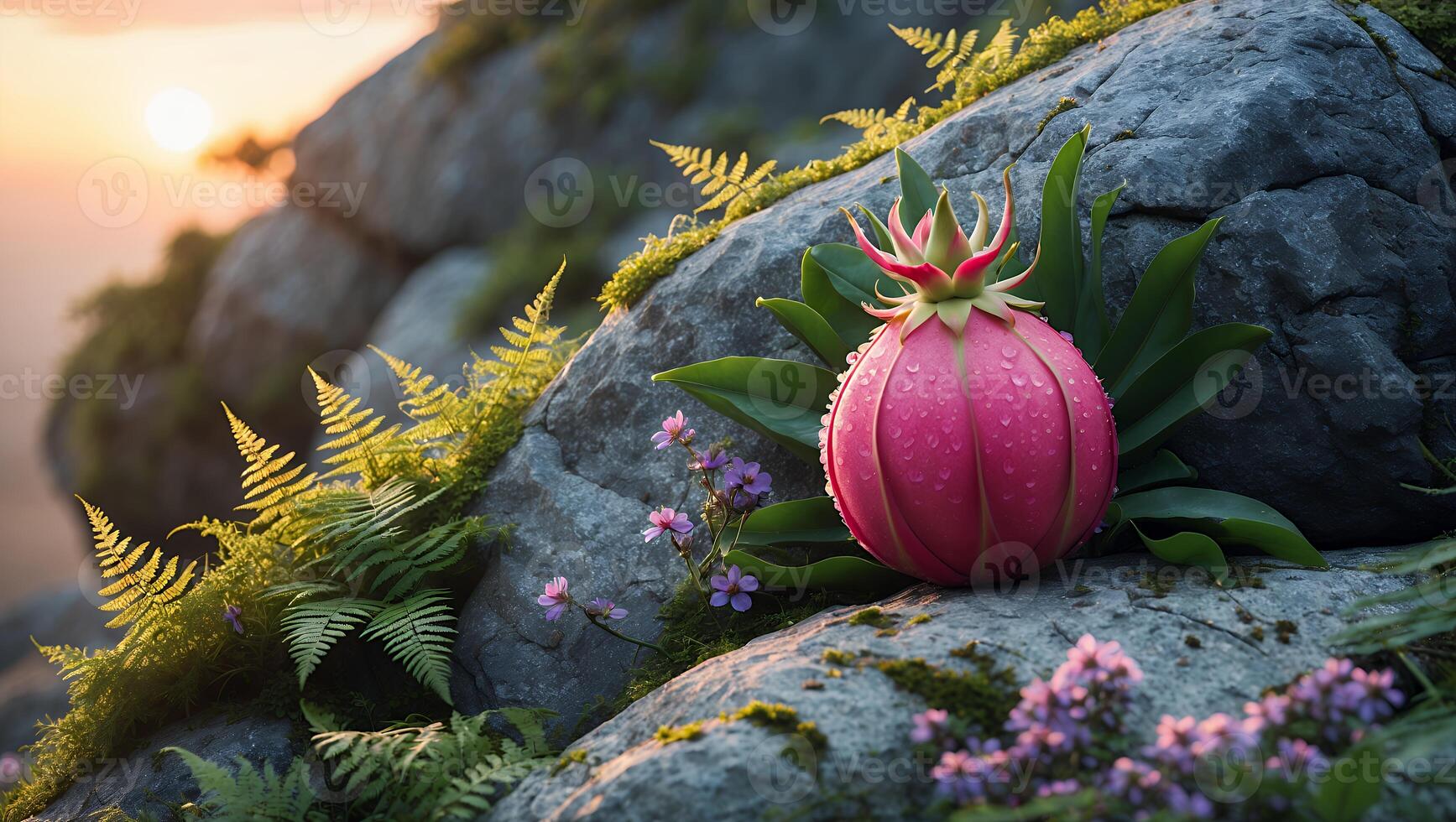 Vibrant pink fruit resting on rocky terrain surrounded by lush green ferns and delicate flowers at sunset photo