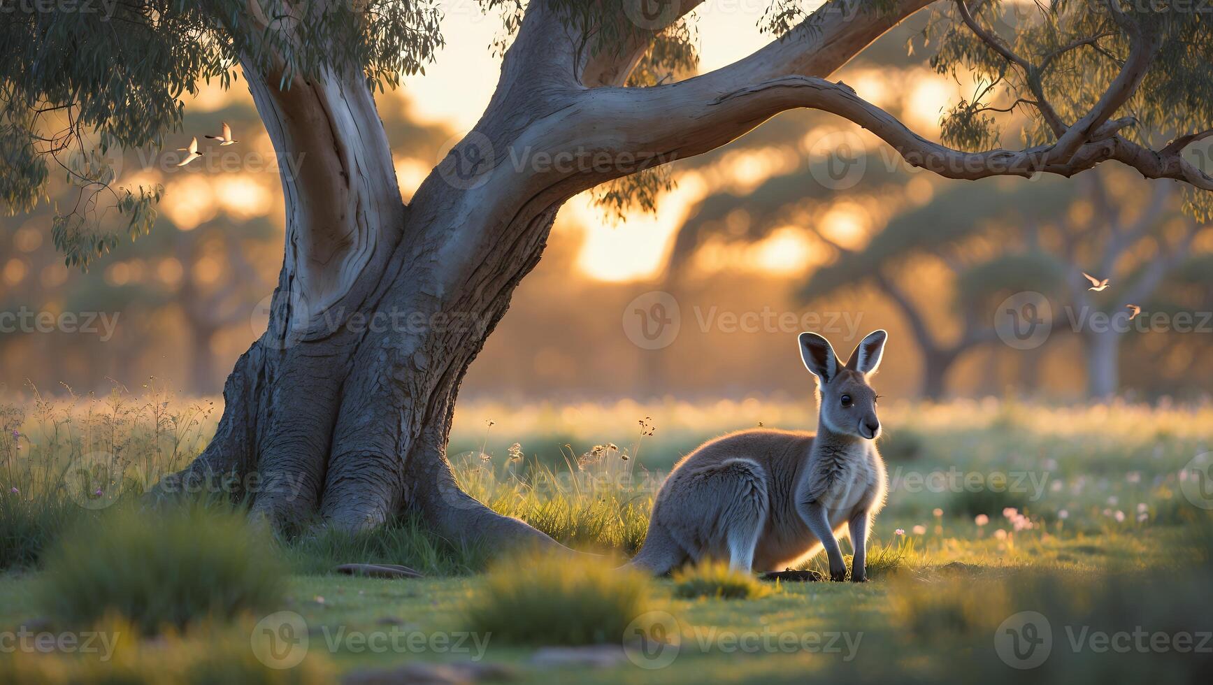 A serene kangaroo resting under a large tree in a sunlit field, surrounded by soft grass and distant trees photo