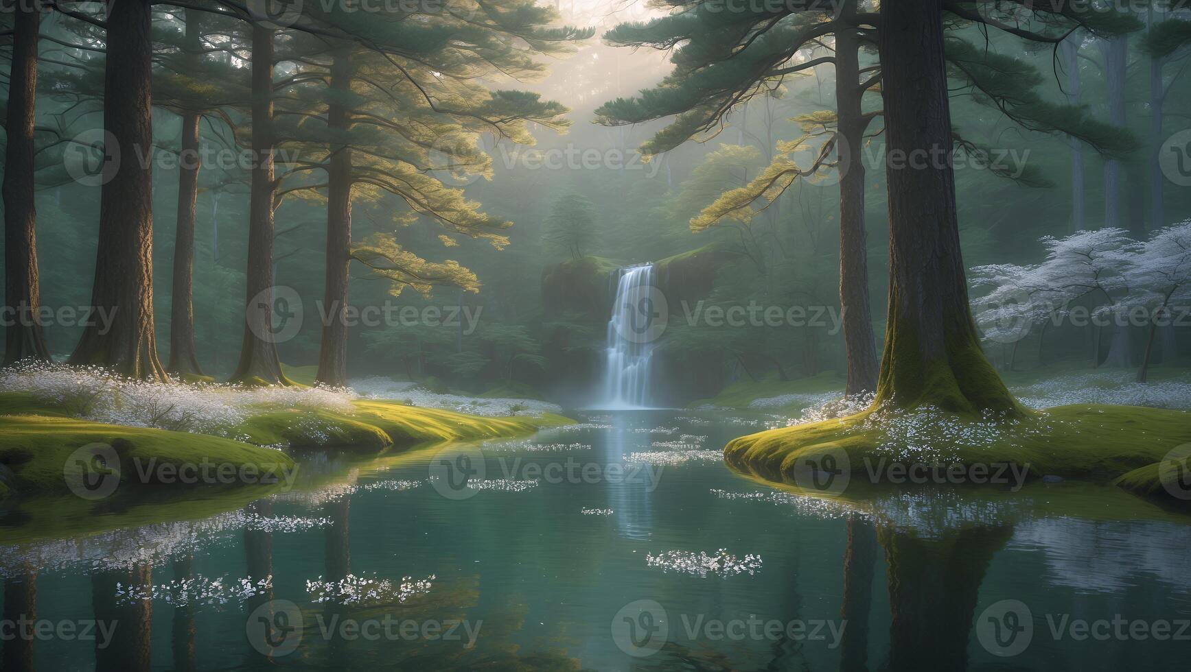 Serene forest landscape with a cascading waterfall and tranquil reflections in a peaceful setting photo