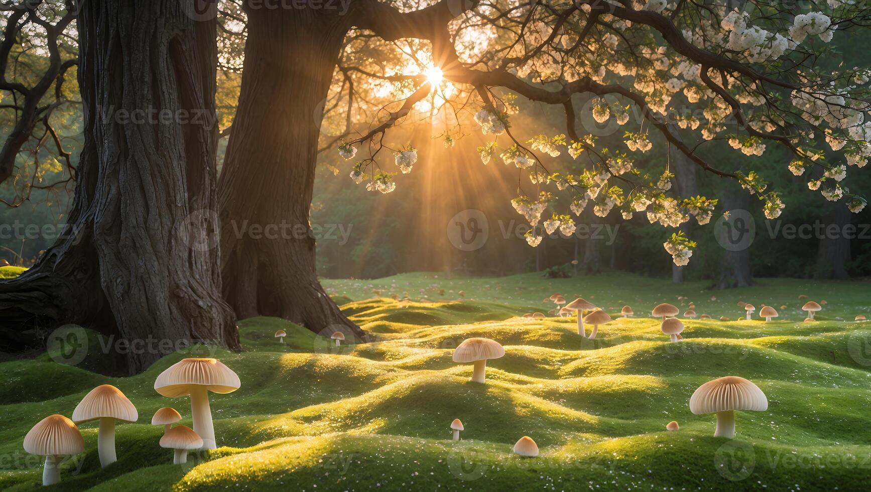 Enchanted forest scene with sunlight filtering through trees, illuminating mushrooms on grassy ground photo