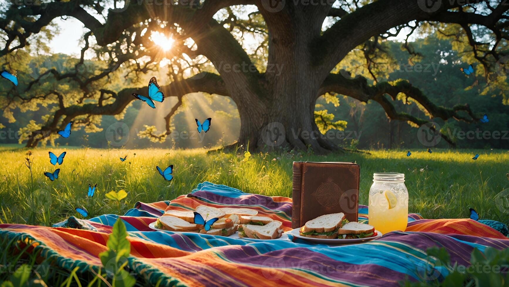Picnic under a large tree with sandwiches and lemonade, surrounded by butterflies and sunlight photo