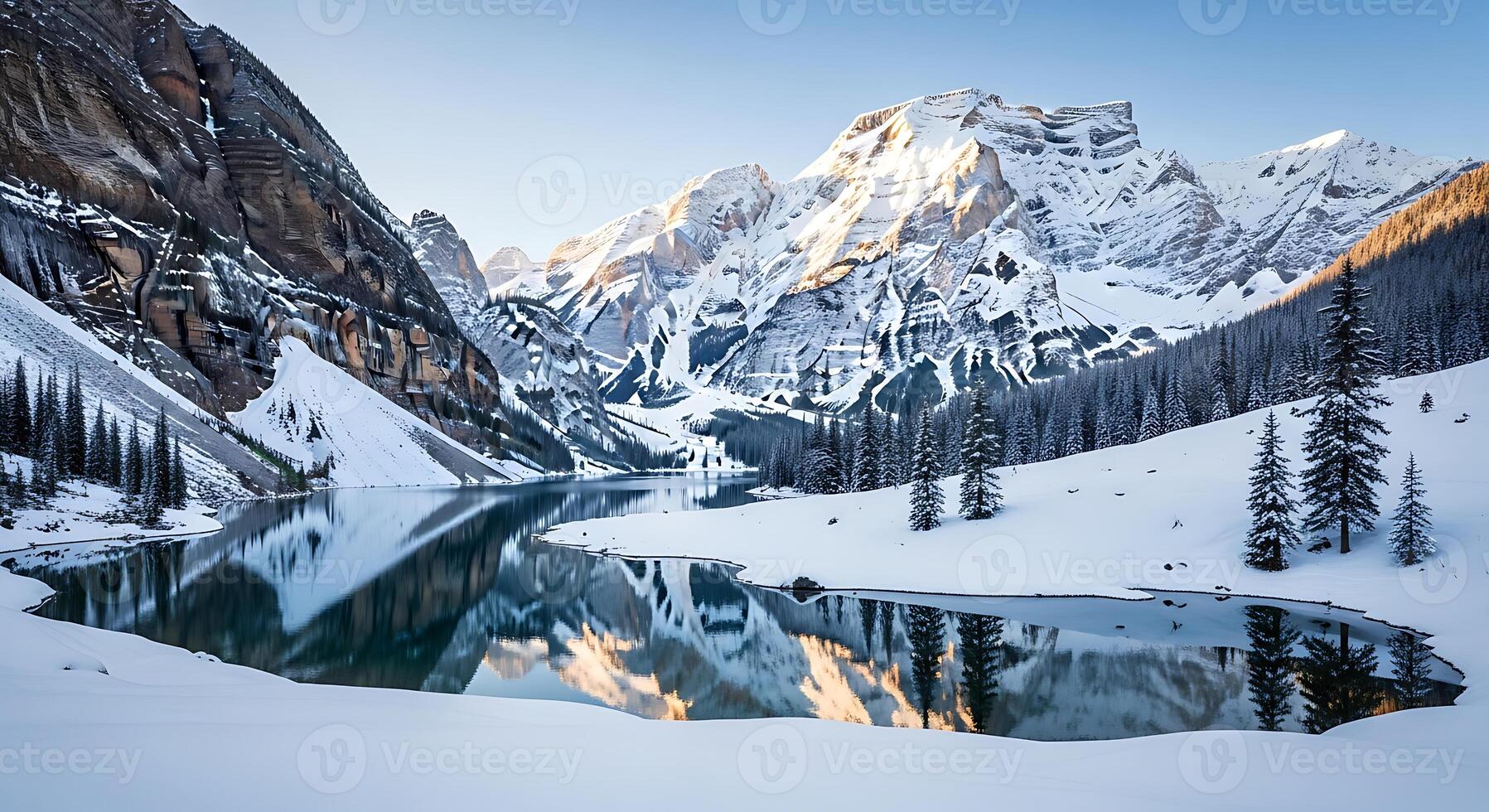 Serene Winter Landscape With Snow Capped Mountains Reflecting In A Still Frozen Lake photo