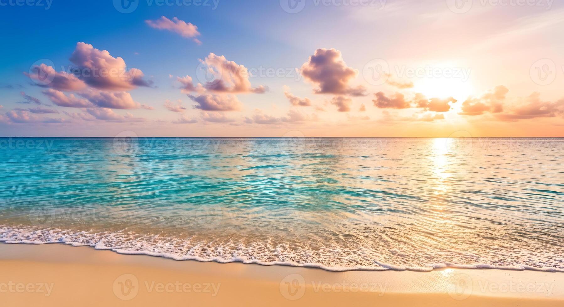 Golden Hour Serenity Gentle Waves Kissing Sandy Beach Under a Vibrant Sunset Sky with Soft Clouds photo