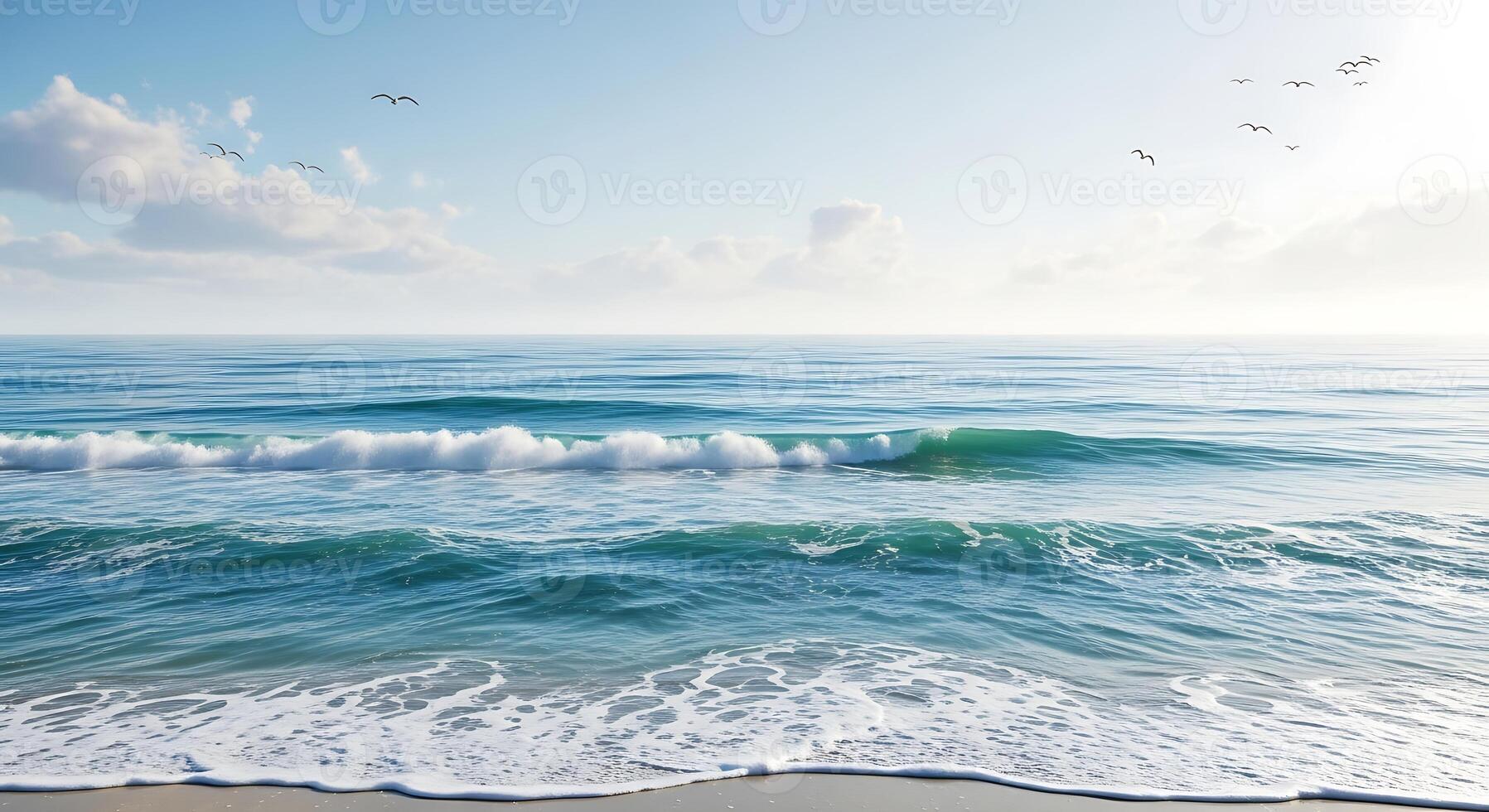 Serene Ocean Waves Gently Rolling onto a Sandy Beach on a Bright Sunny Day with Distant Birds Flying photo