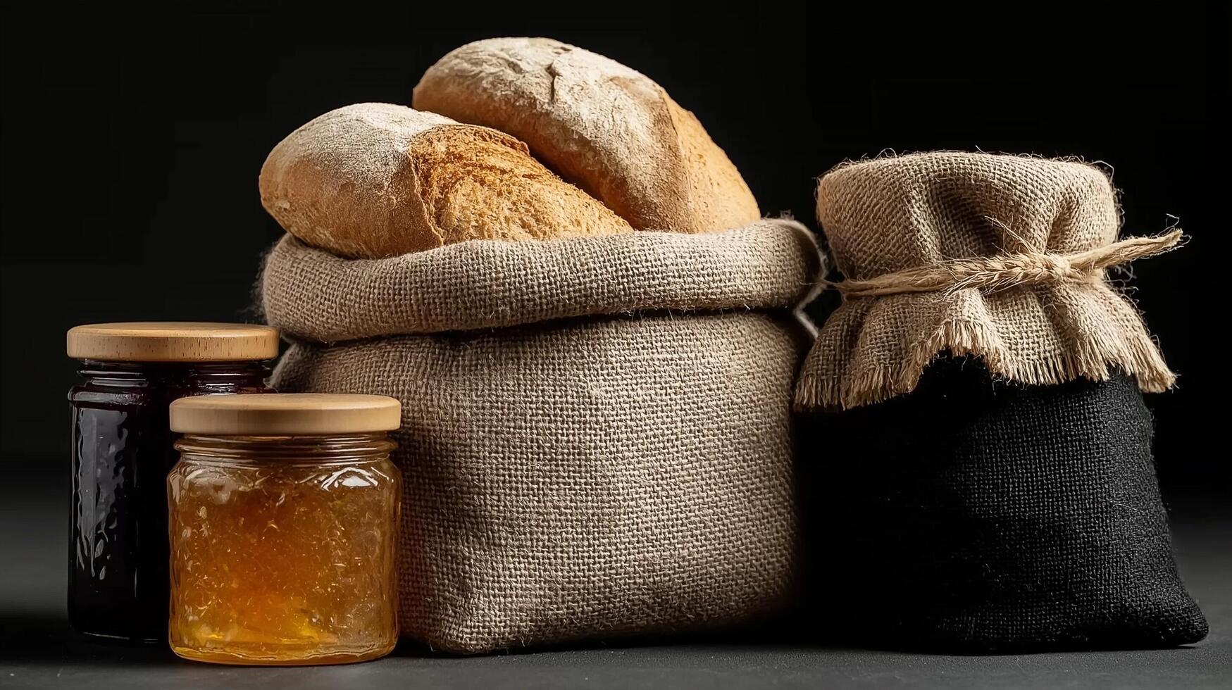 Bread, jam and honey in a bag on a black background photo